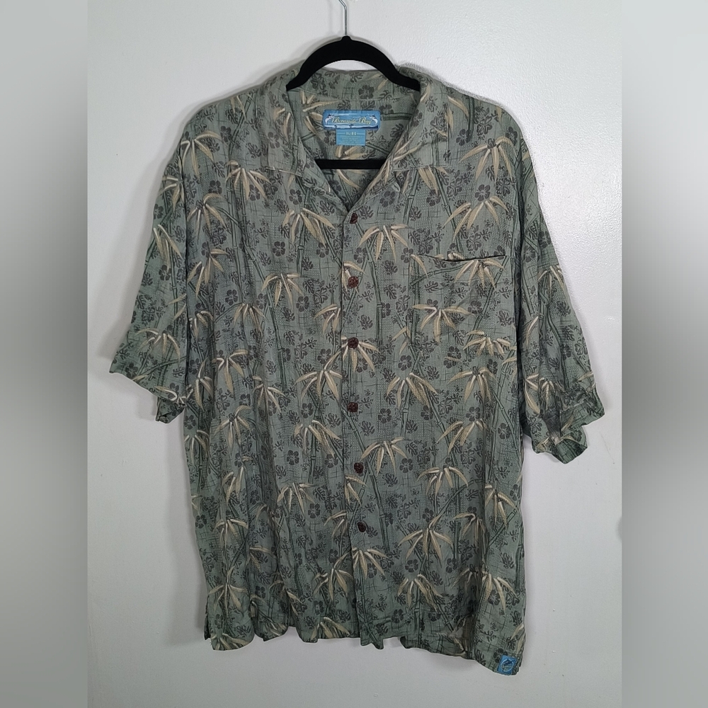 Bermuda Bay 100% Silk Hawaiian Shirt Men's XL Tropical Floral Camp Green